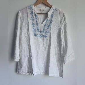 Nurture Women Large White Blouse with‎ Blue Embroidery knit 100% Linen Tunic